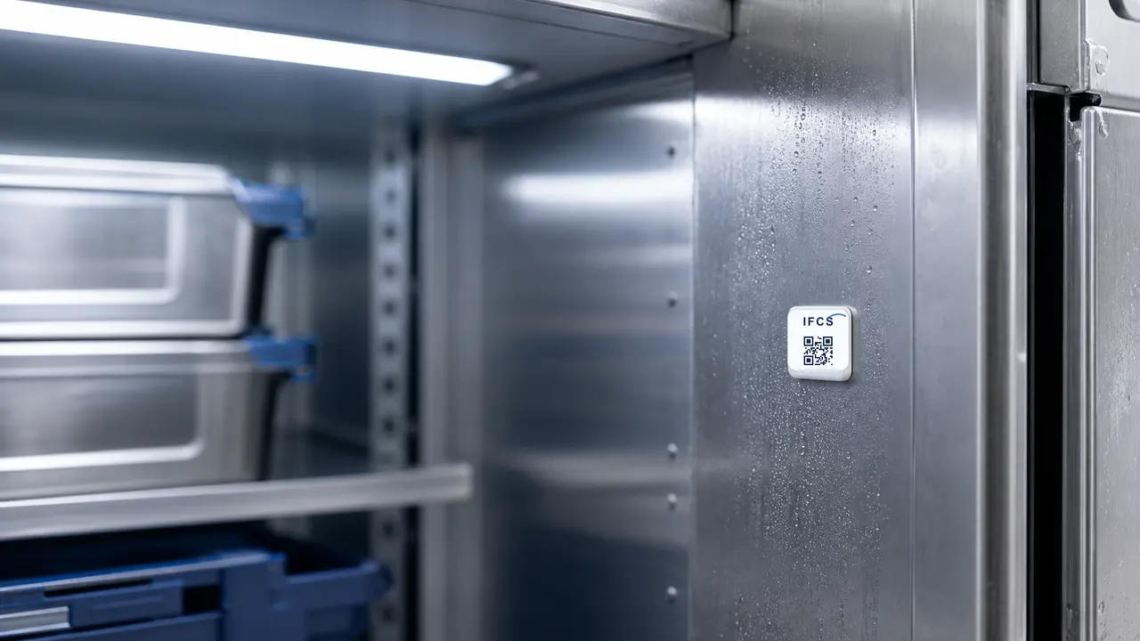 Small adhesive IFCS Sticky Sensor with IFCS logo and QR code for aviation food cart monitoring