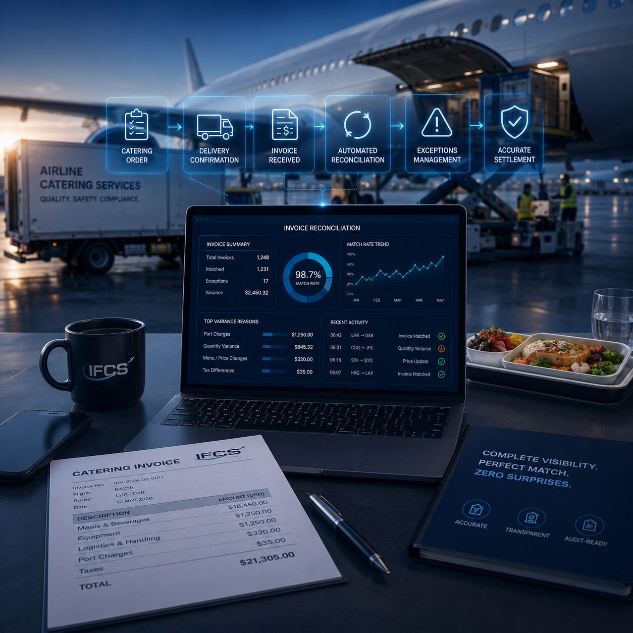 End-to-end invoice reconciliation workflow from catering order through automated matching, exceptions, and accurate settlement