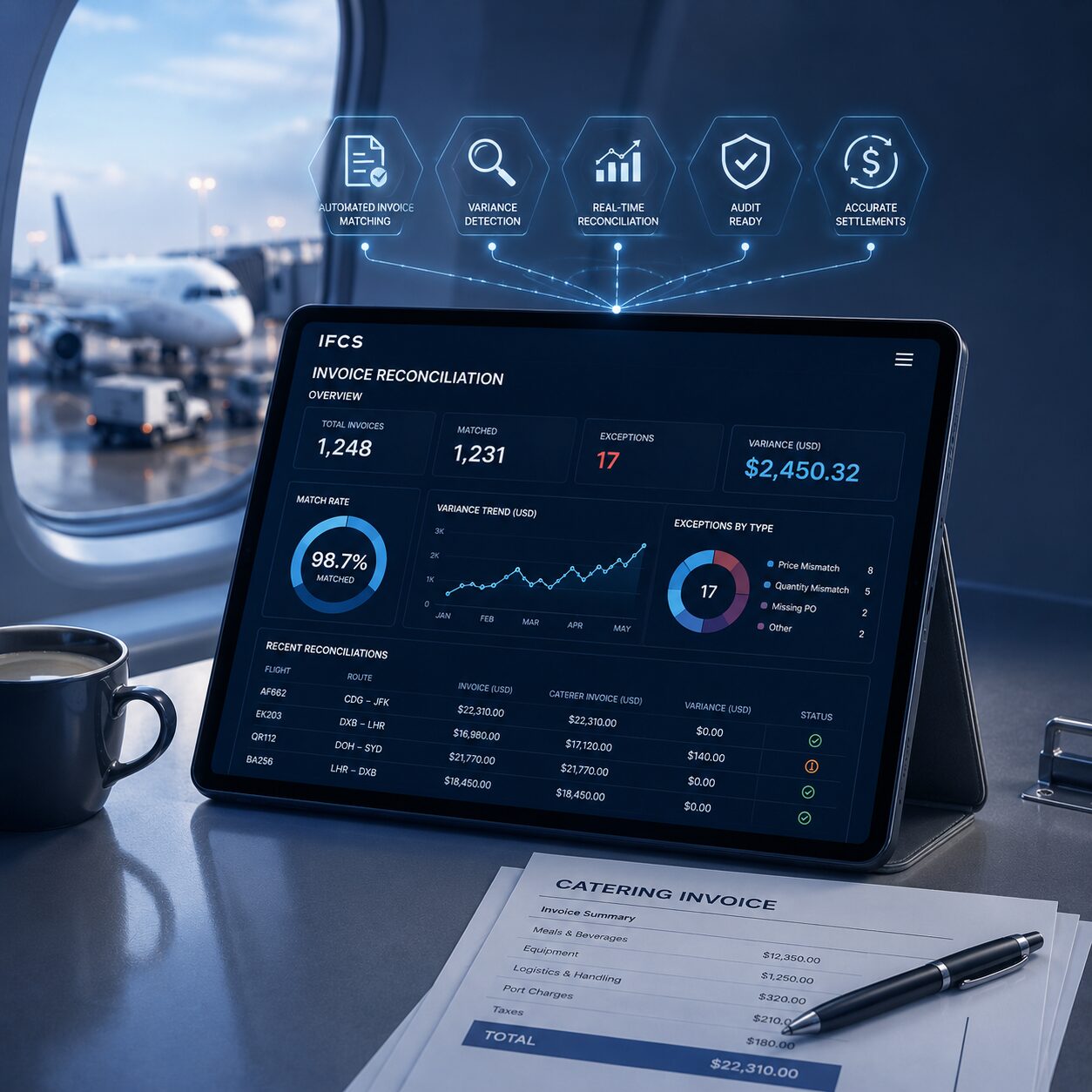 Tablet showing invoice reconciliation summary with exceptions by type, variance trend, and audit-ready records