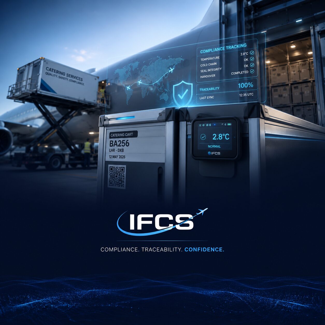 IFCS catering truck on the ramp with HUD overlay showing real-time compliance status and aircraft loading operations