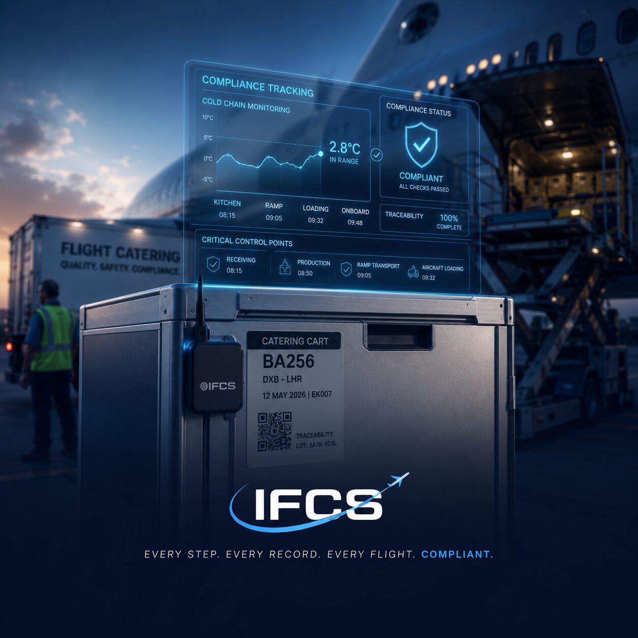 Aviation catering cart with critical control point compliance checks displayed beside an A380 wide-body aircraft