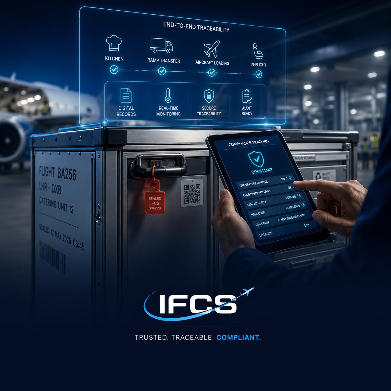 End-to-end traceability infographic showing sealed catering cart, tablet verification, and supplier-to-aircraft chain of custody
