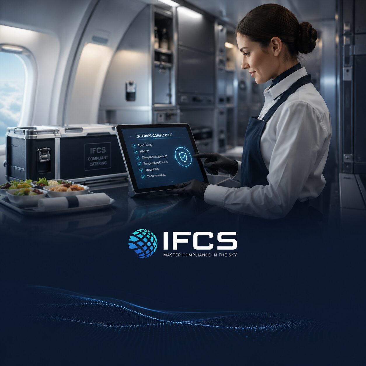 Cabin crew member reviewing the IFCS catering compliance checklist on a tablet inside an aircraft galley
