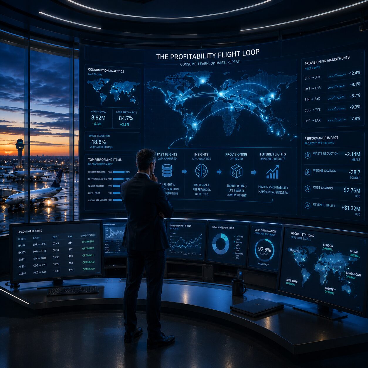 Profitability flight loop command center: data captured, AI insights, optimized provisioning, and improved future flight results