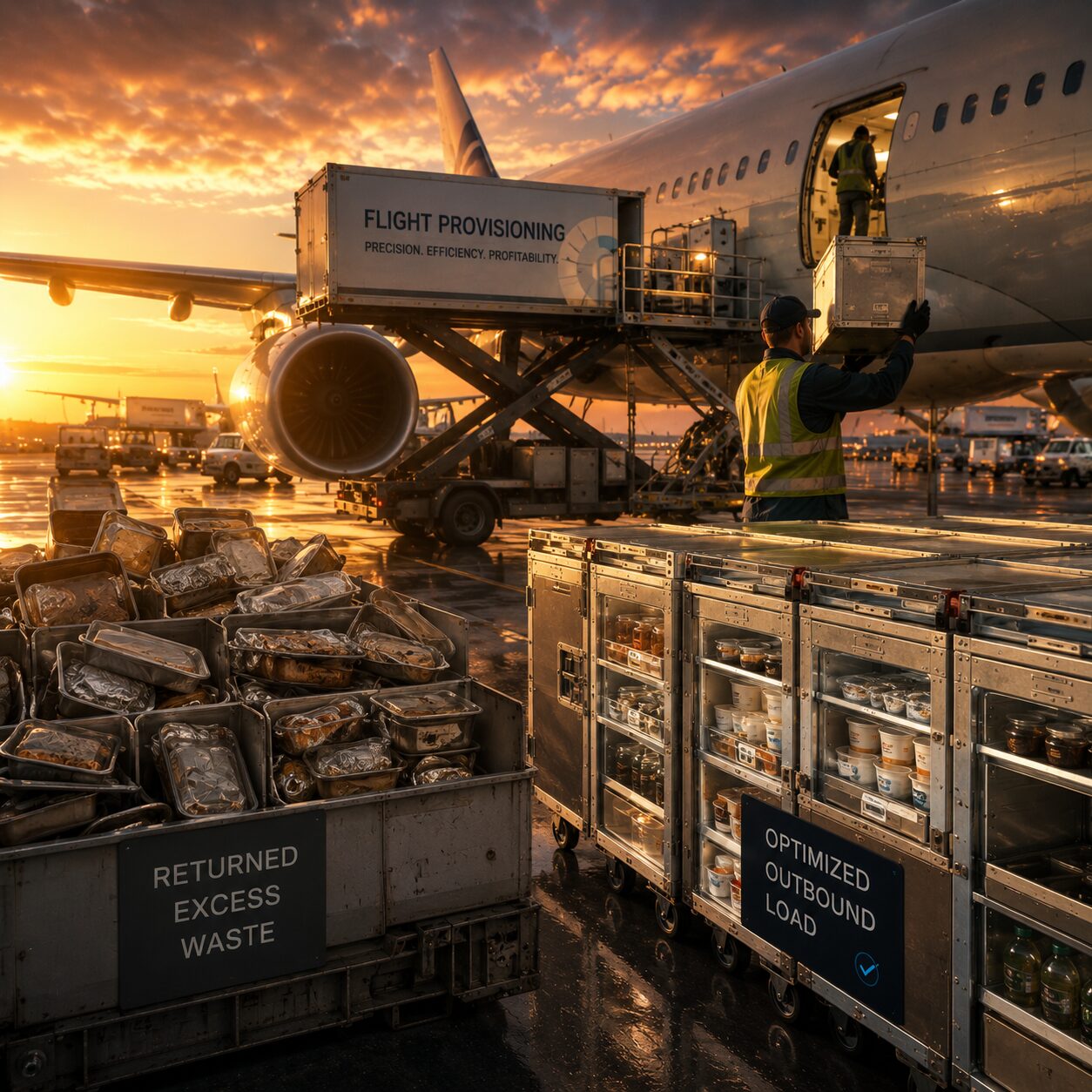 Sunset ramp scene contrasting returned excess waste carts with optimized outbound load after consumption analytics