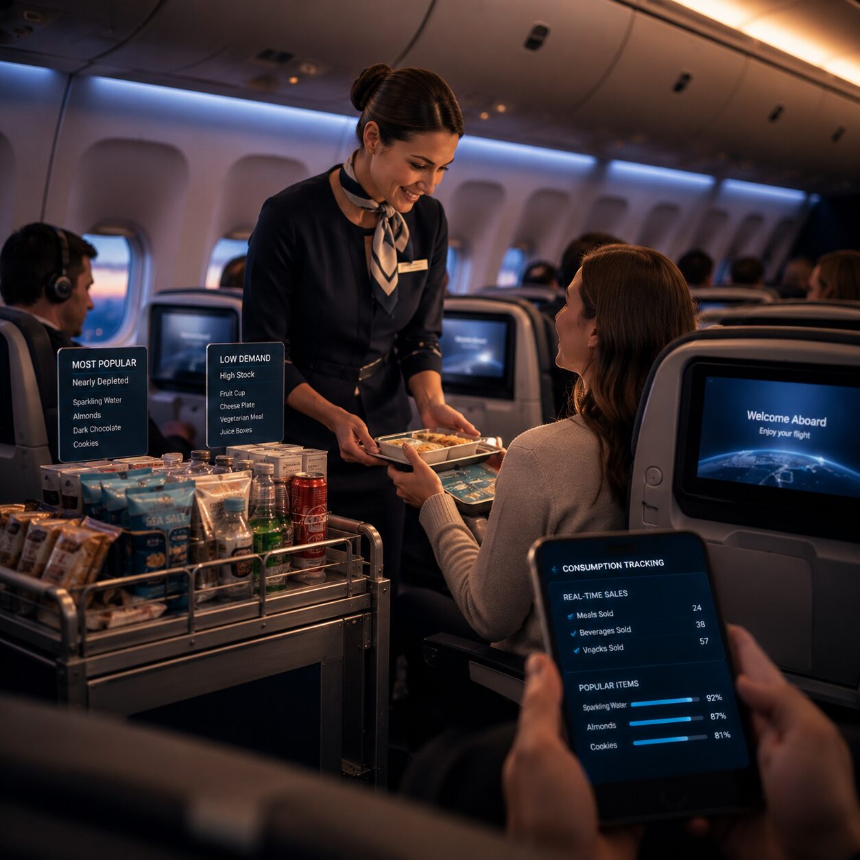 Cabin crew serving from a snack cart with consumption analytics on a tablet showing real-time sales and popular items