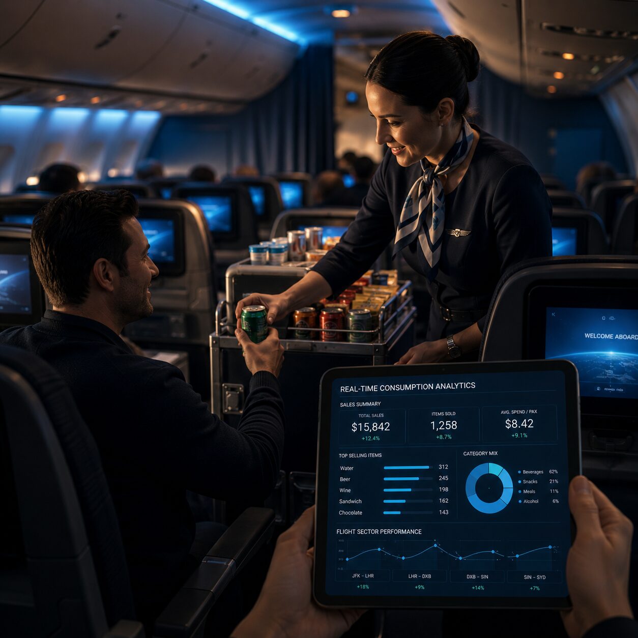 In-cabin beverage service with real-time consumption analytics tablet showing sales summary, category mix, and flight sector performance