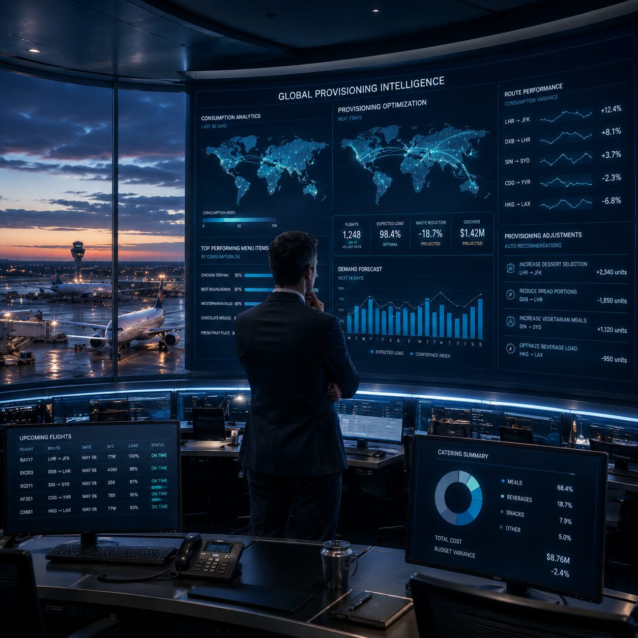 Operations manager reviewing Galley X global provisioning intelligence dashboard at dusk over an airport apron