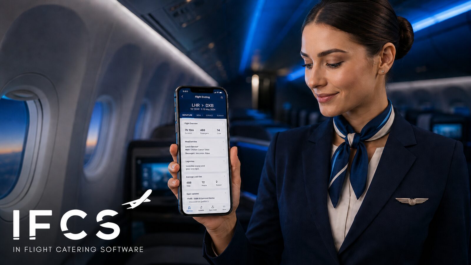 Cabin crew member reviewing a flight briefing on a smartphone with passenger, meal, and load details