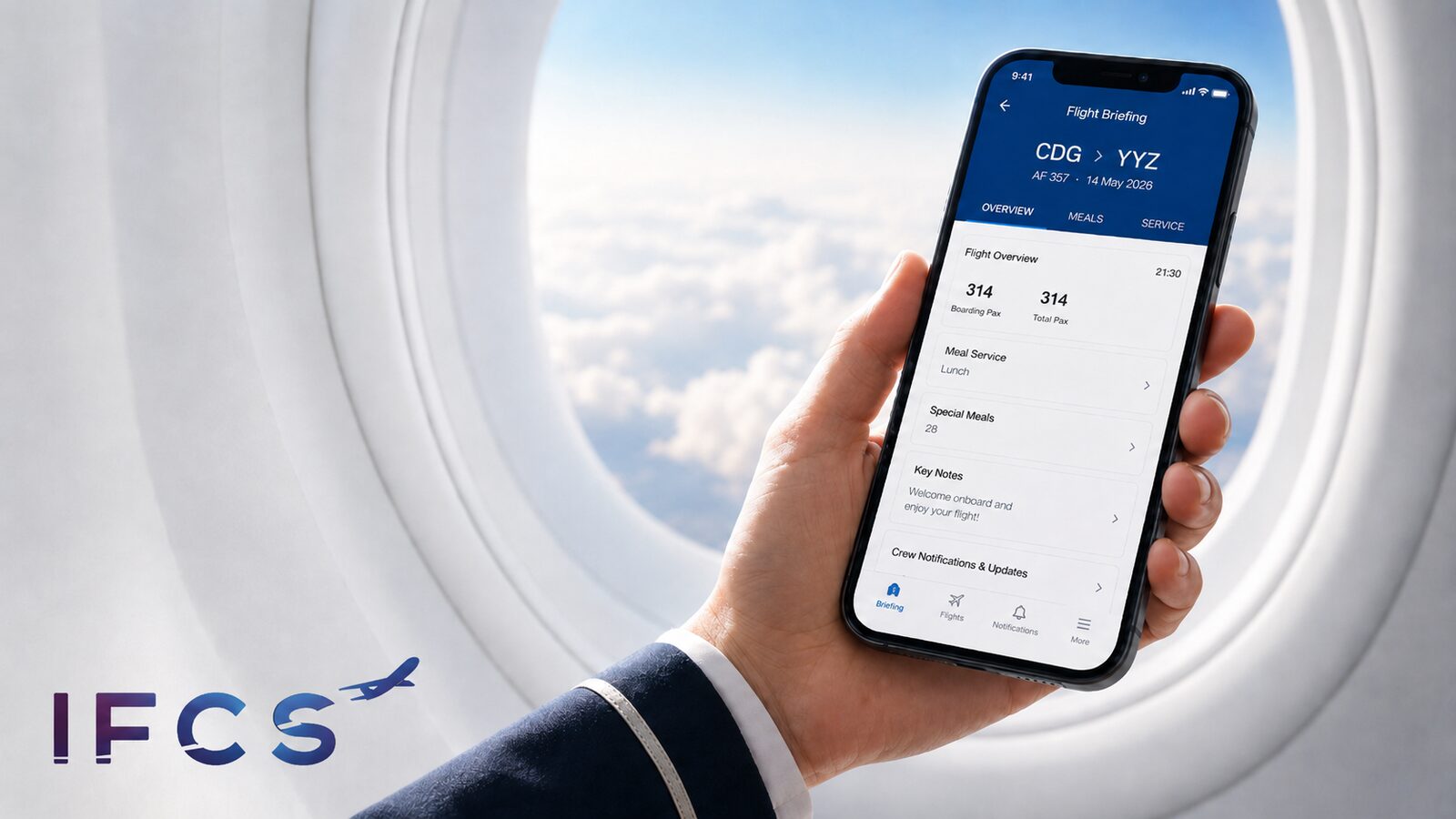 Crew briefing app on a phone showing flight overview, meal service, special meals, and key notes
