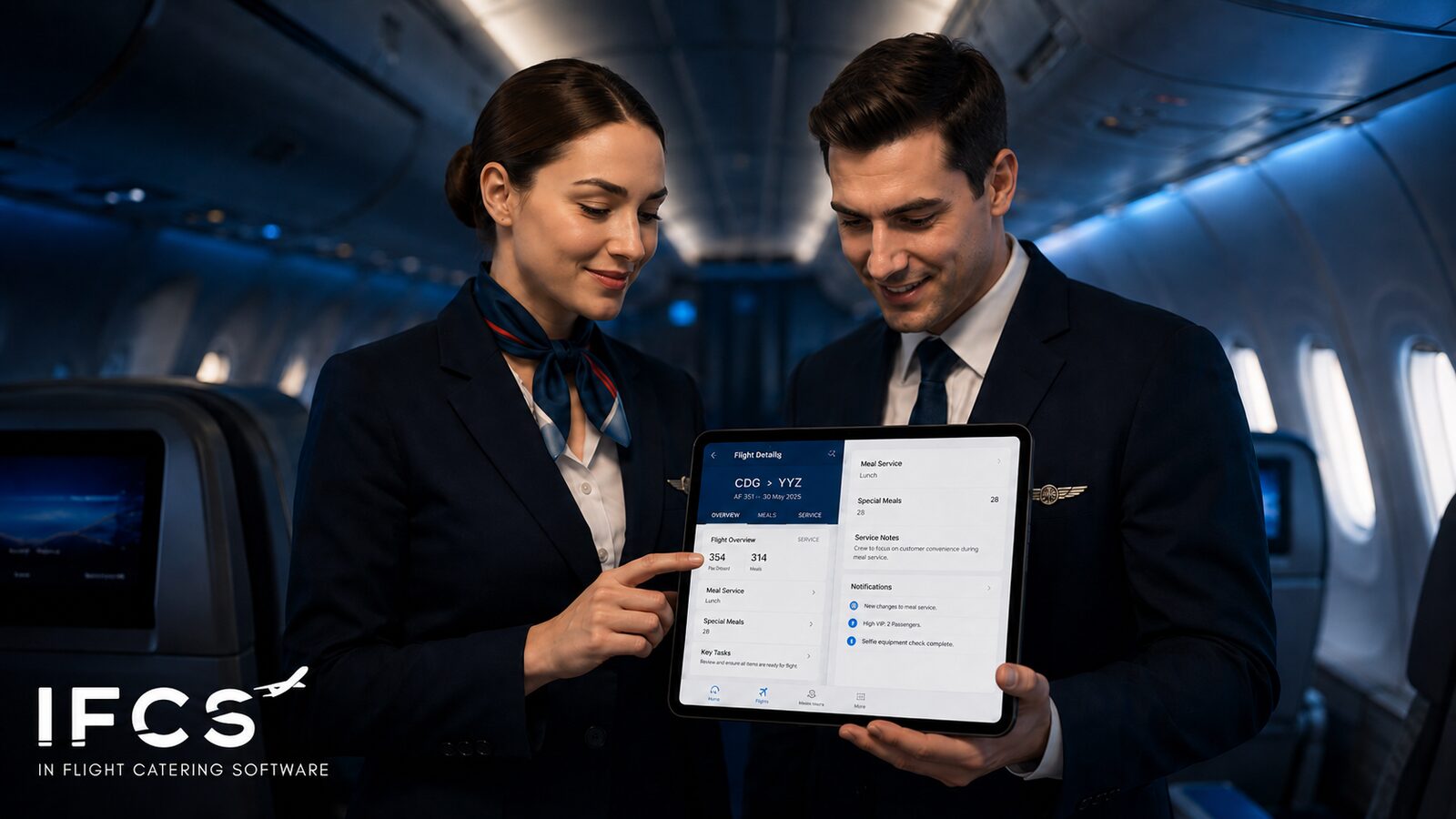 Cabin crew and purser reviewing flight details and meal service on a tablet briefing app before departure