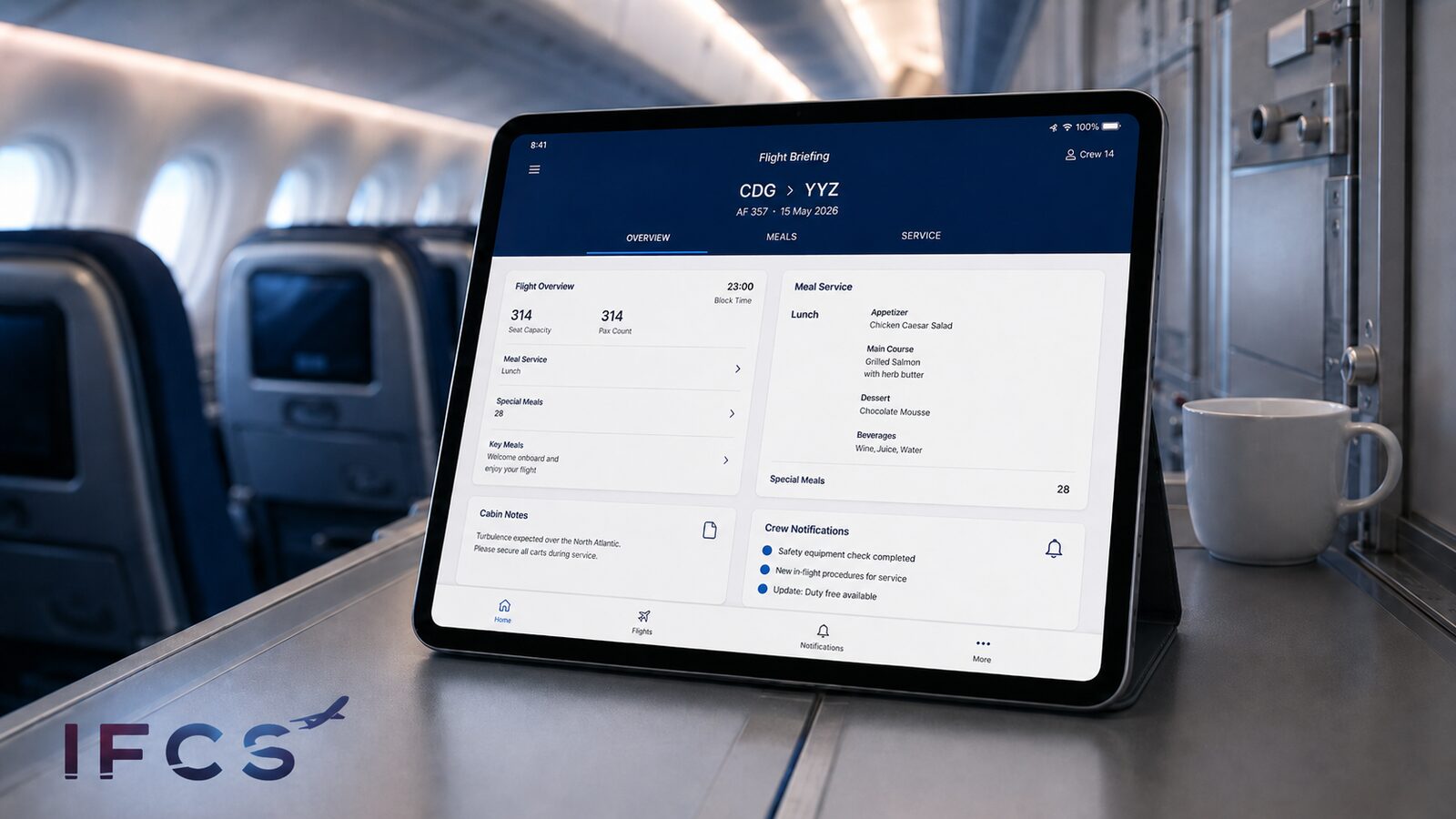 Crew briefing tablet on a galley counter showing flight overview, meal service plan, cabin notes, and crew notifications