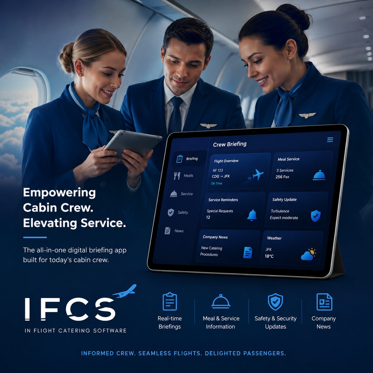 Three cabin crew members reviewing the IFCS Crew Briefing Tablet aboard an aircraft