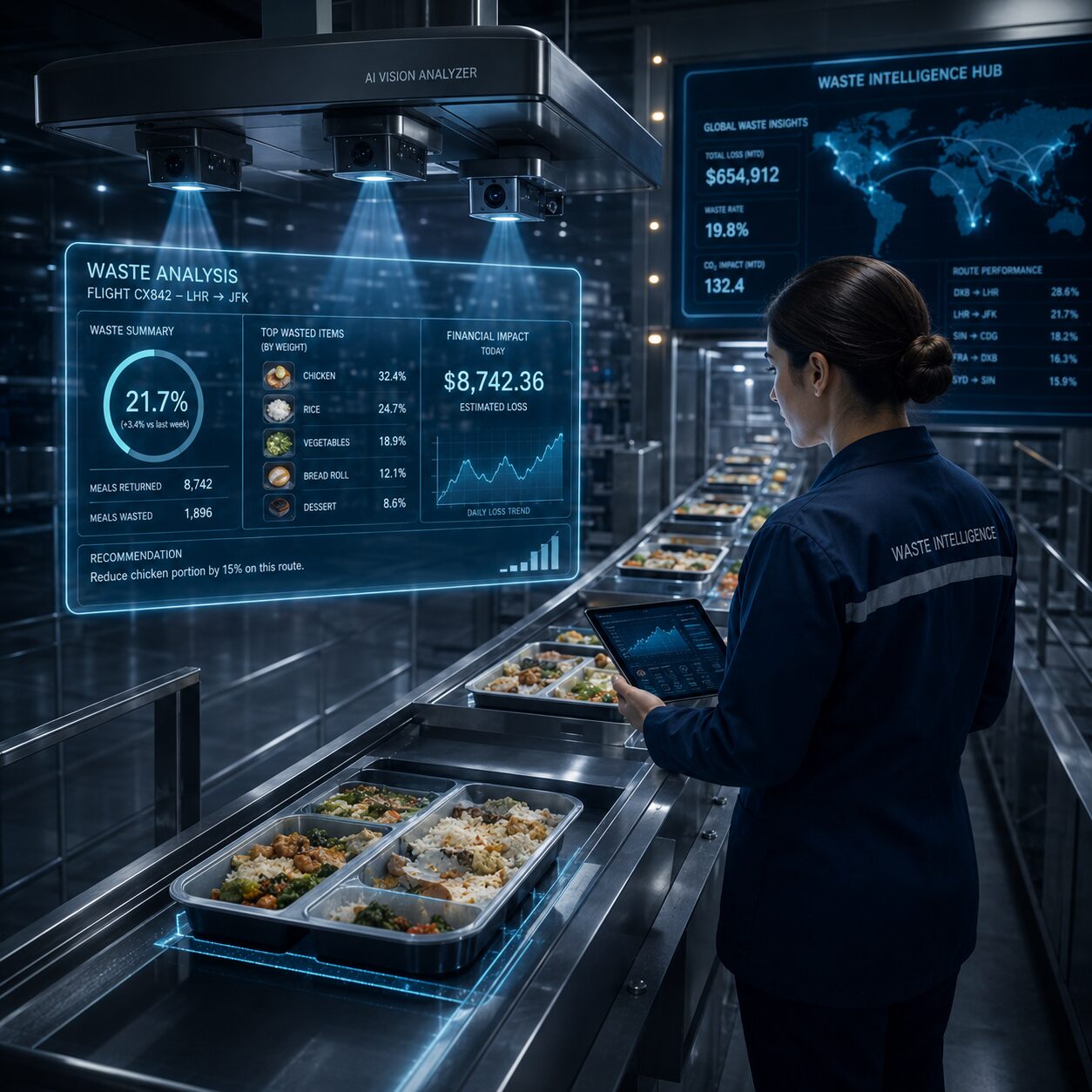 AI vision analyzer scanning returned meal trays with waste analysis and financial impact dashboard