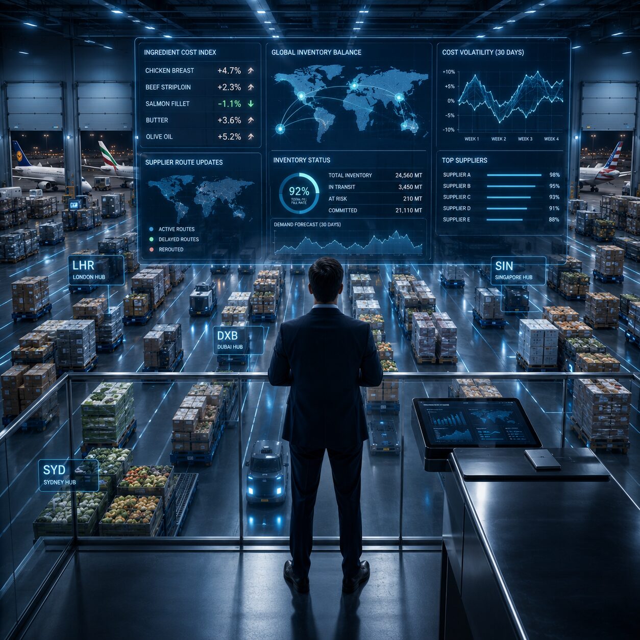 Ingredient cost index, supplier route updates, and inventory balance across global hubs reviewed from a warehouse control deck