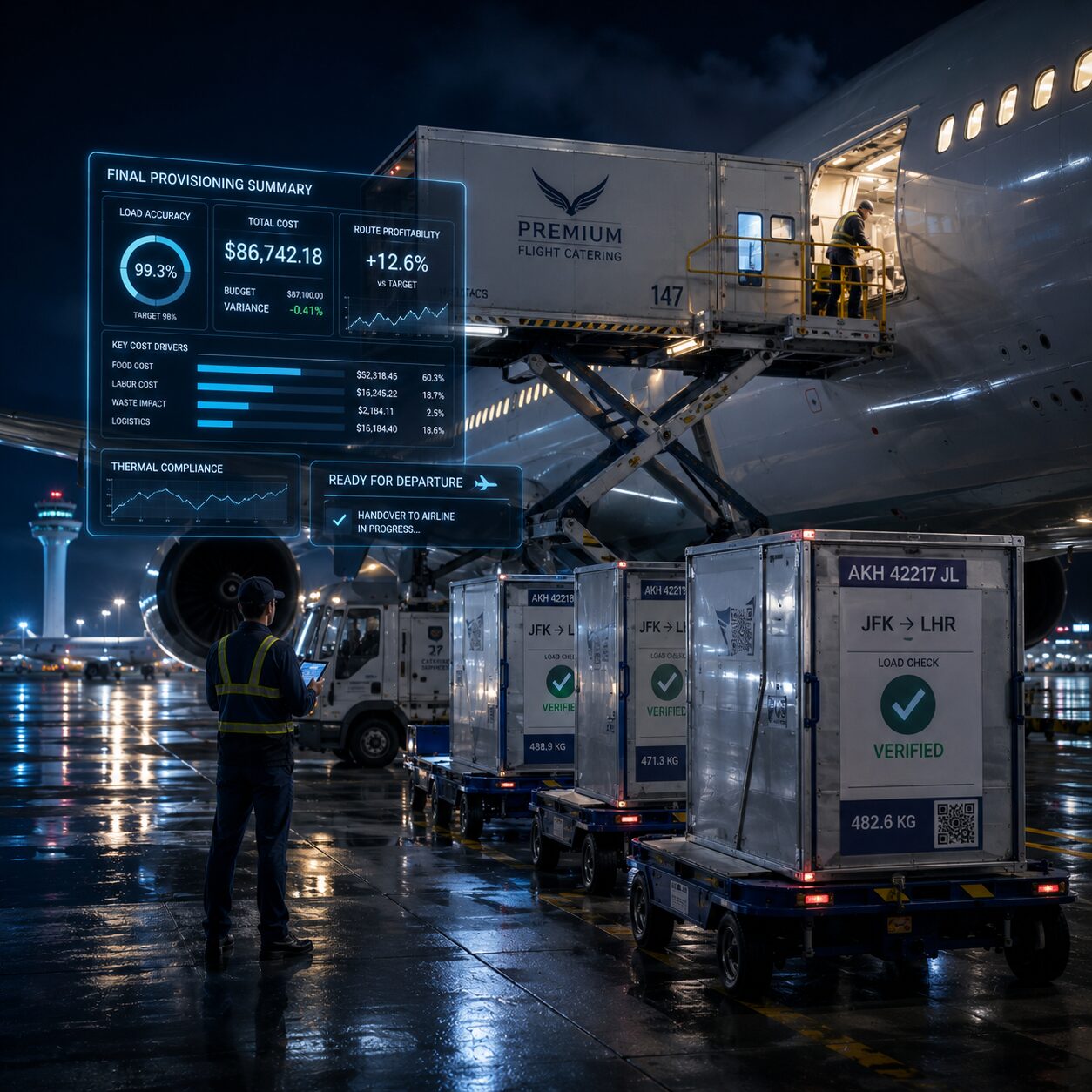 Final provisioning summary showing load accuracy, total cost, route profitability, and thermal compliance ahead of departure