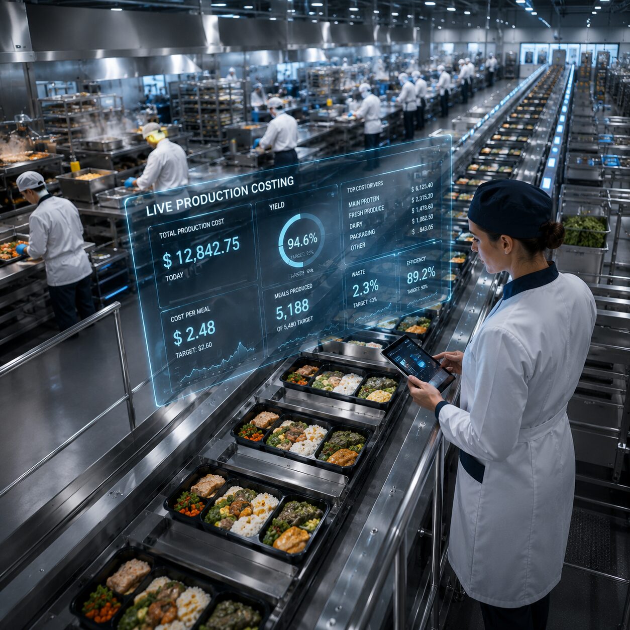 Galley X live production costing dashboard overlaid on an aviation catering kitchen line