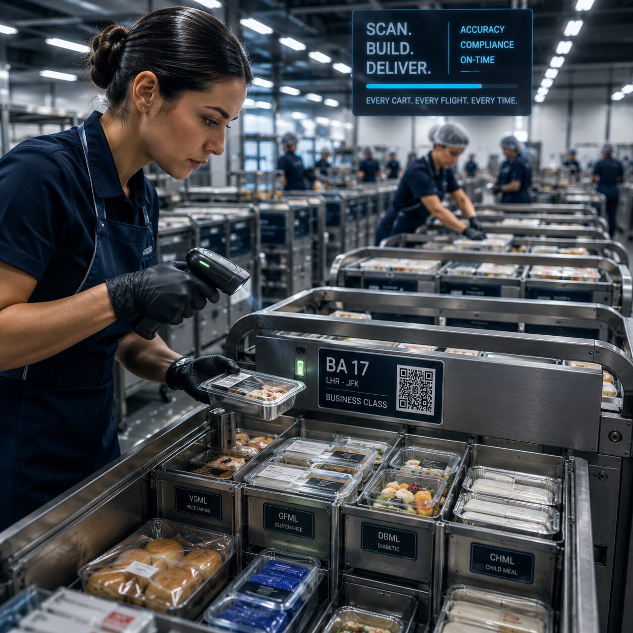 Production floor worker scanning a meal pack into a flight-tagged catering cart with accuracy, compliance, and on-time dashboard