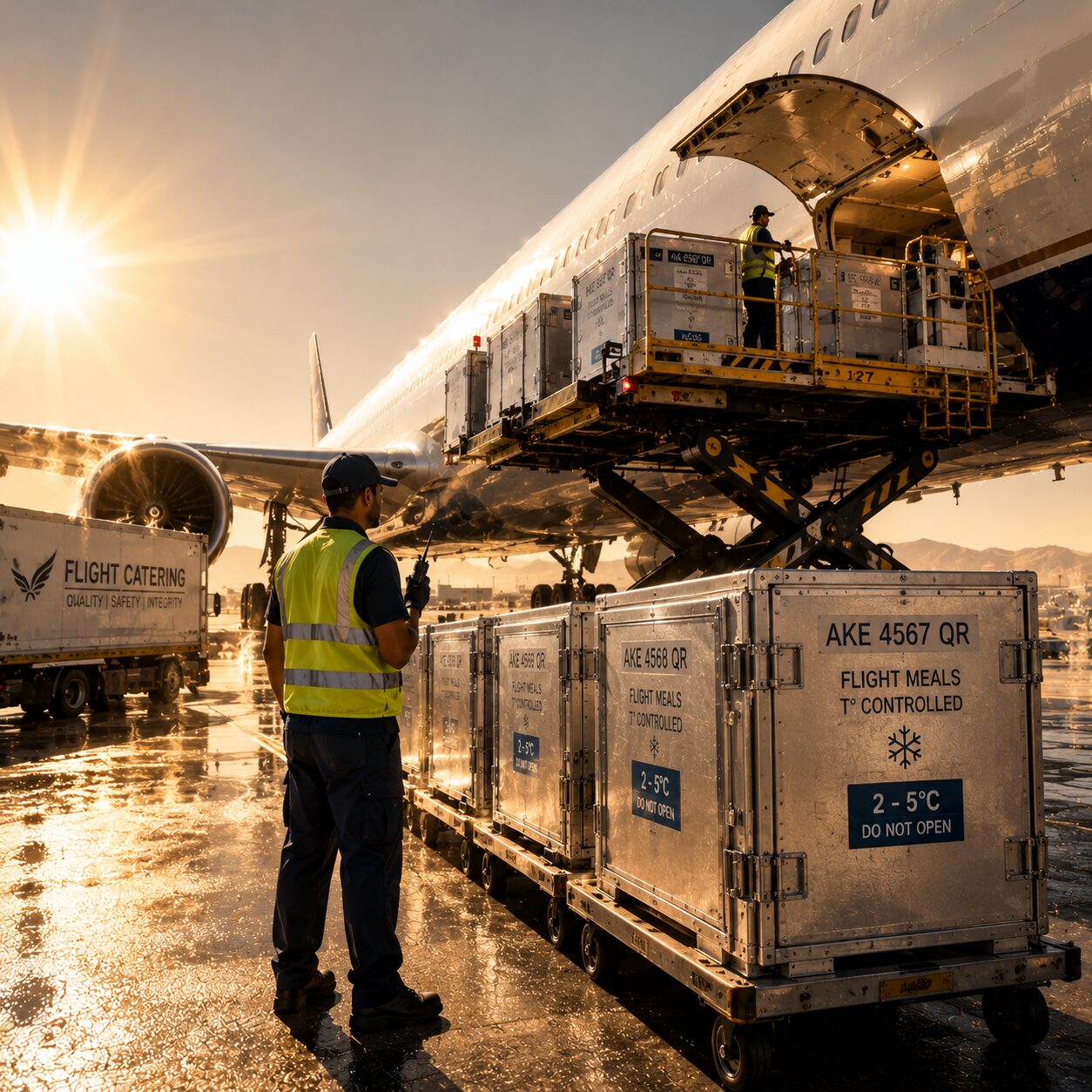 Temperature-controlled meal carts being loaded onto a wide-body aircraft at sunrise