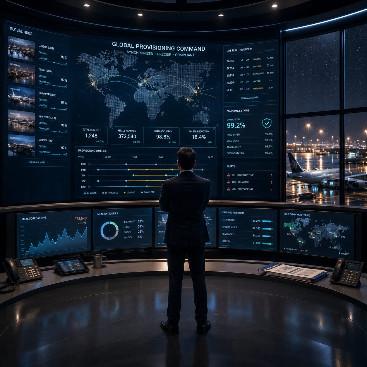 Global provisioning command center with worldwide hub status, compliance score, provisioning timeline, and live flight overview