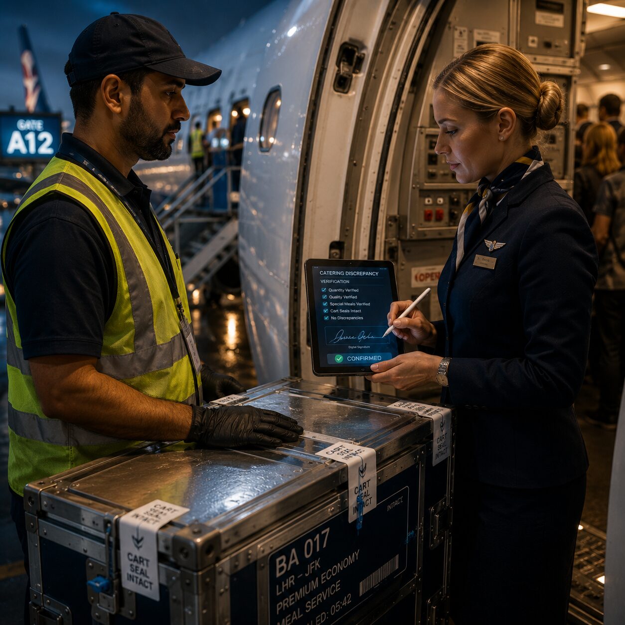 Cabin crew signing off a catering discrepancy verification on a tablet at the aircraft door with cart-seal-intact tagged carts