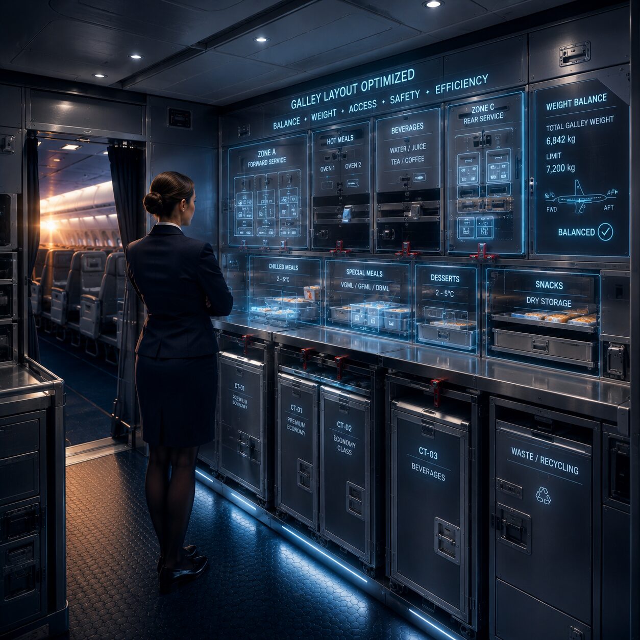 Cabin crew reviewing illuminated Galley X galley layout diagram aboard an aircraft