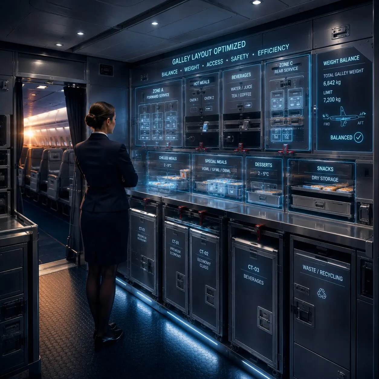 Cabin crew reviewing illuminated Galley Xᴬᴵ galley layout diagram aboard an aircraft