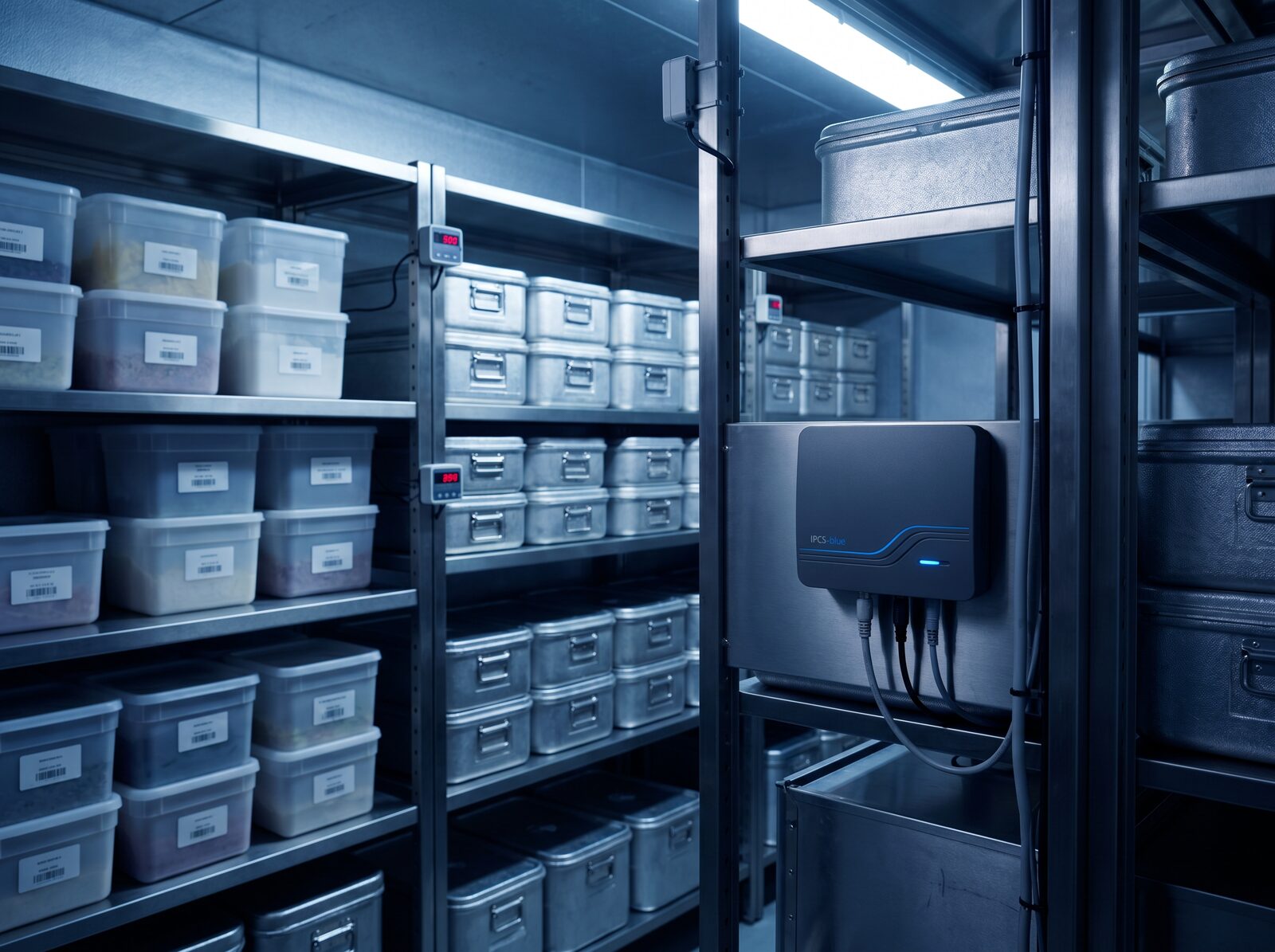 Cold storage facility with gateway and IoT temperature sensors providing real-time HACCP and FSMA Rule 204 traceability data
