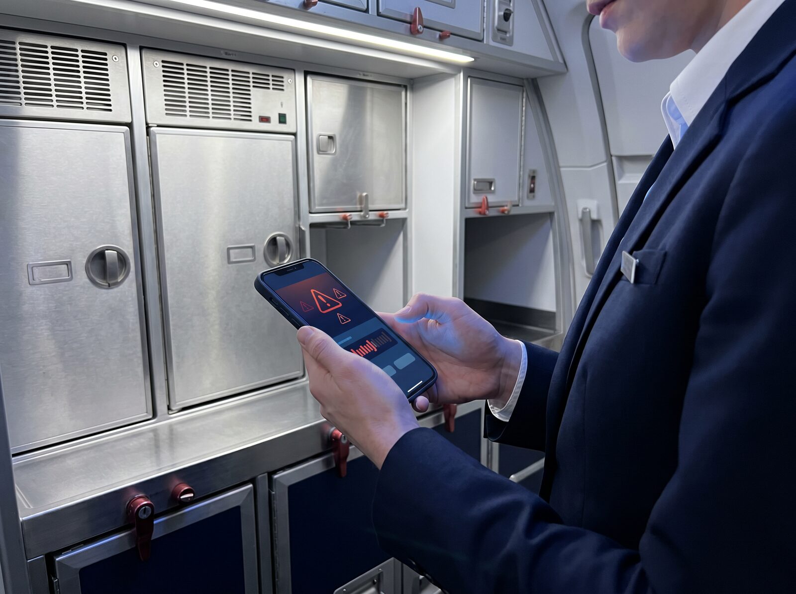 Mobile temperature alert displayed inside an aircraft galley as cabin crew responds to a cold-chain deviation in flight