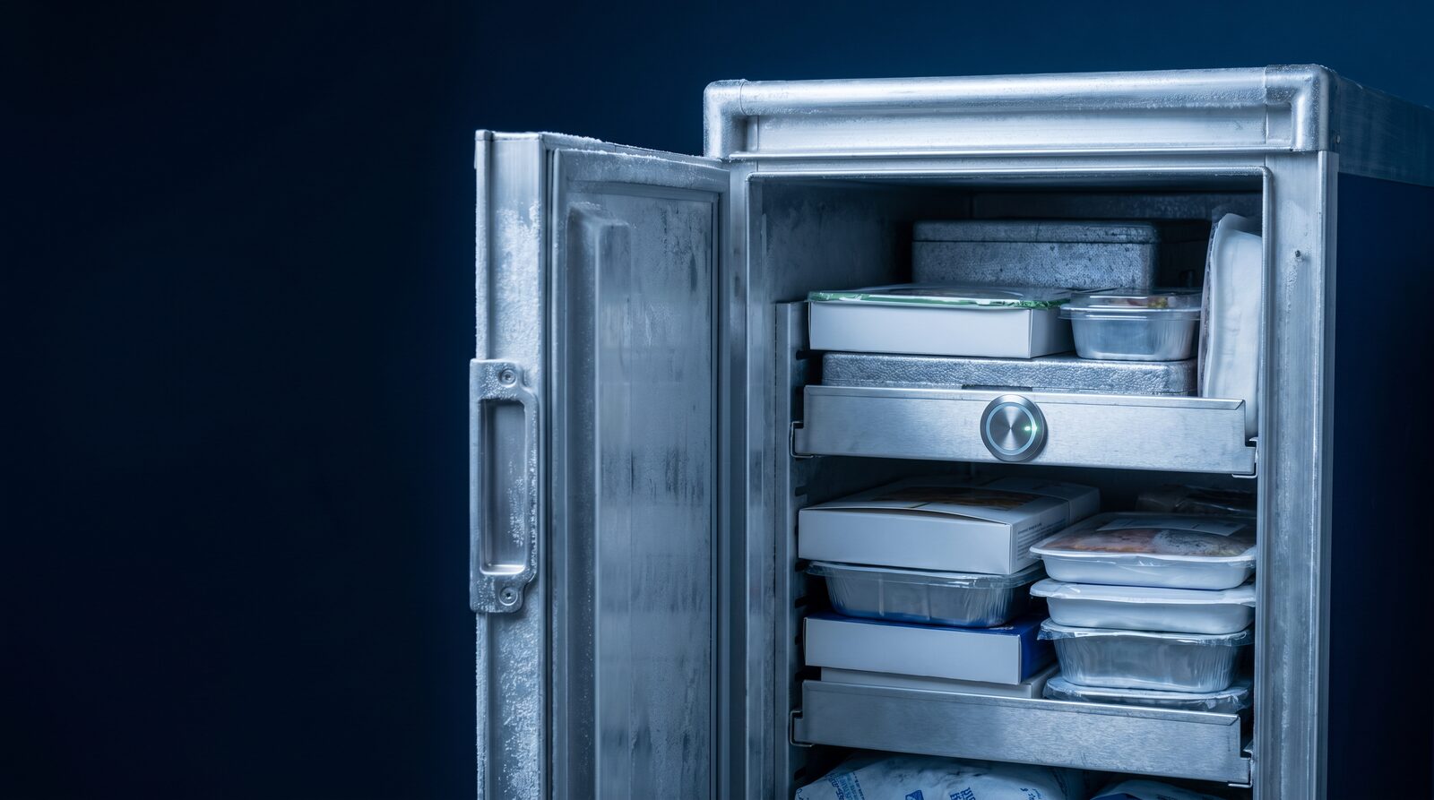 Aviation catering canister with internal cold-chain sensor on a cool blue background