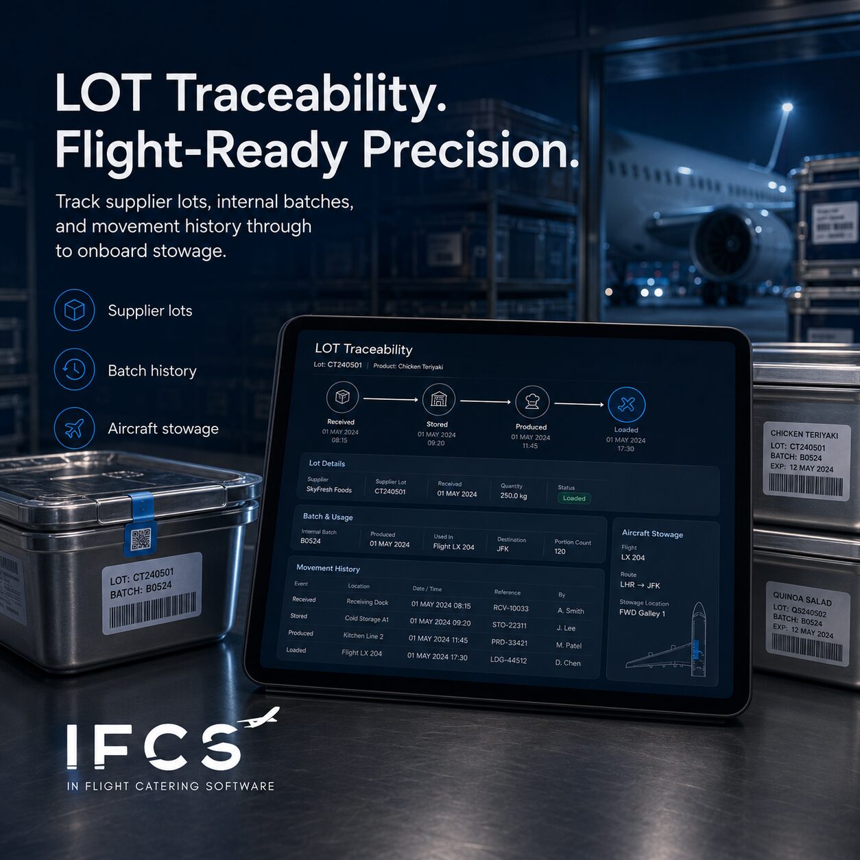 LOT and batch traceability dashboard tracking supplier lots from receiving through onboard galley stowage