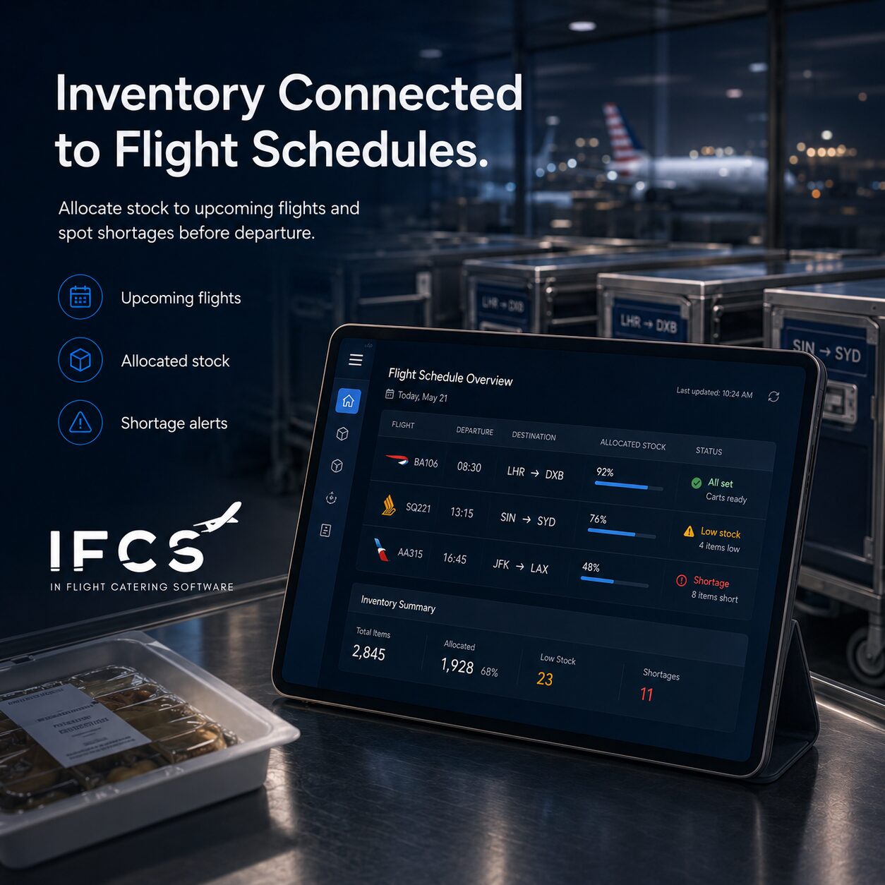 Inventory tablet showing flight-by-flight stock allocations and shortage alerts ahead of departure