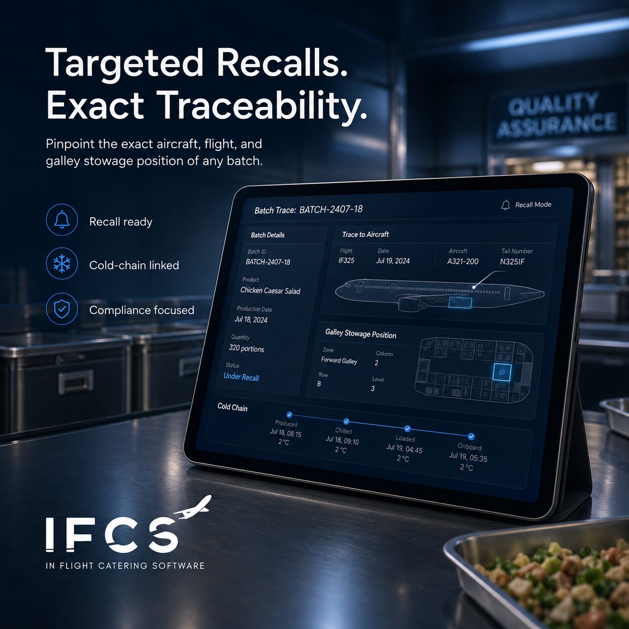 Tablet showing batch trace with cold-chain temperature timeline and exact galley stowage position for targeted recall