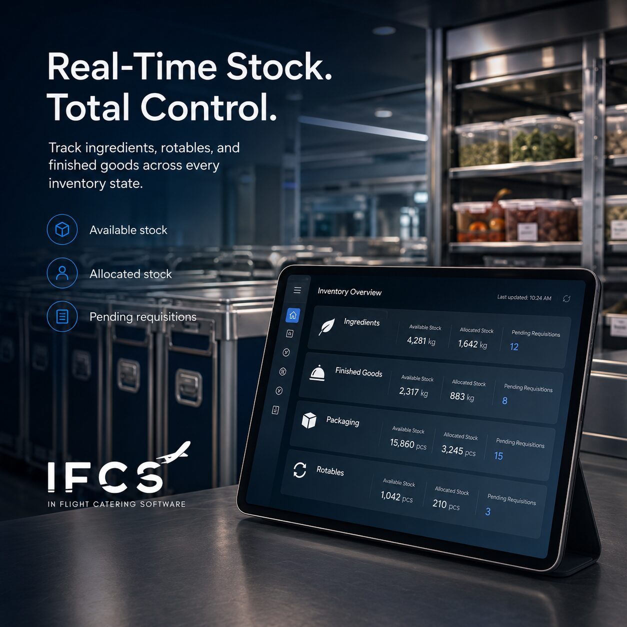 Galley X inventory overview tablet showing ingredient and rotables stock in a catering kitchen