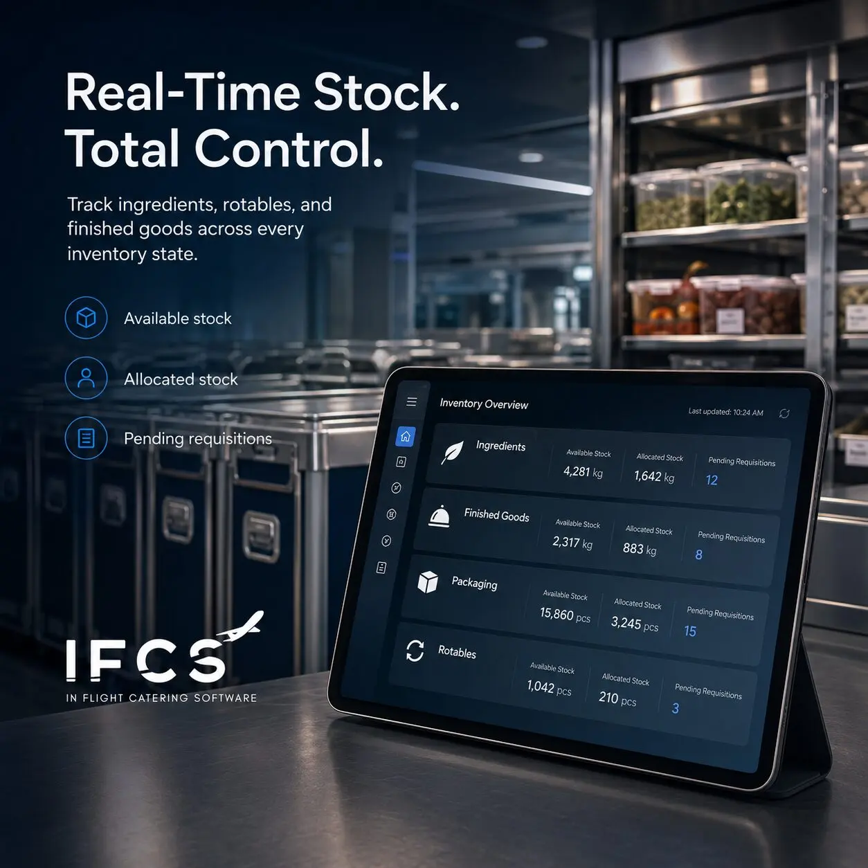 Galley Xᴬᴵ inventory overview tablet showing ingredient and rotables stock in a catering kitchen