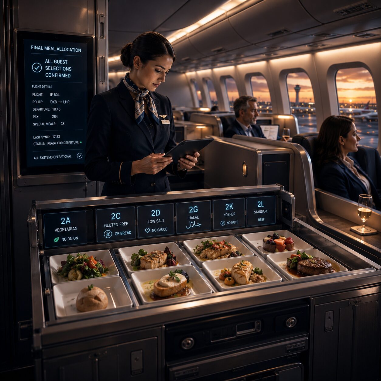 Premium-cabin galley with final meal allocation panel confirming guest selections, special meals, and ready-for-departure status
