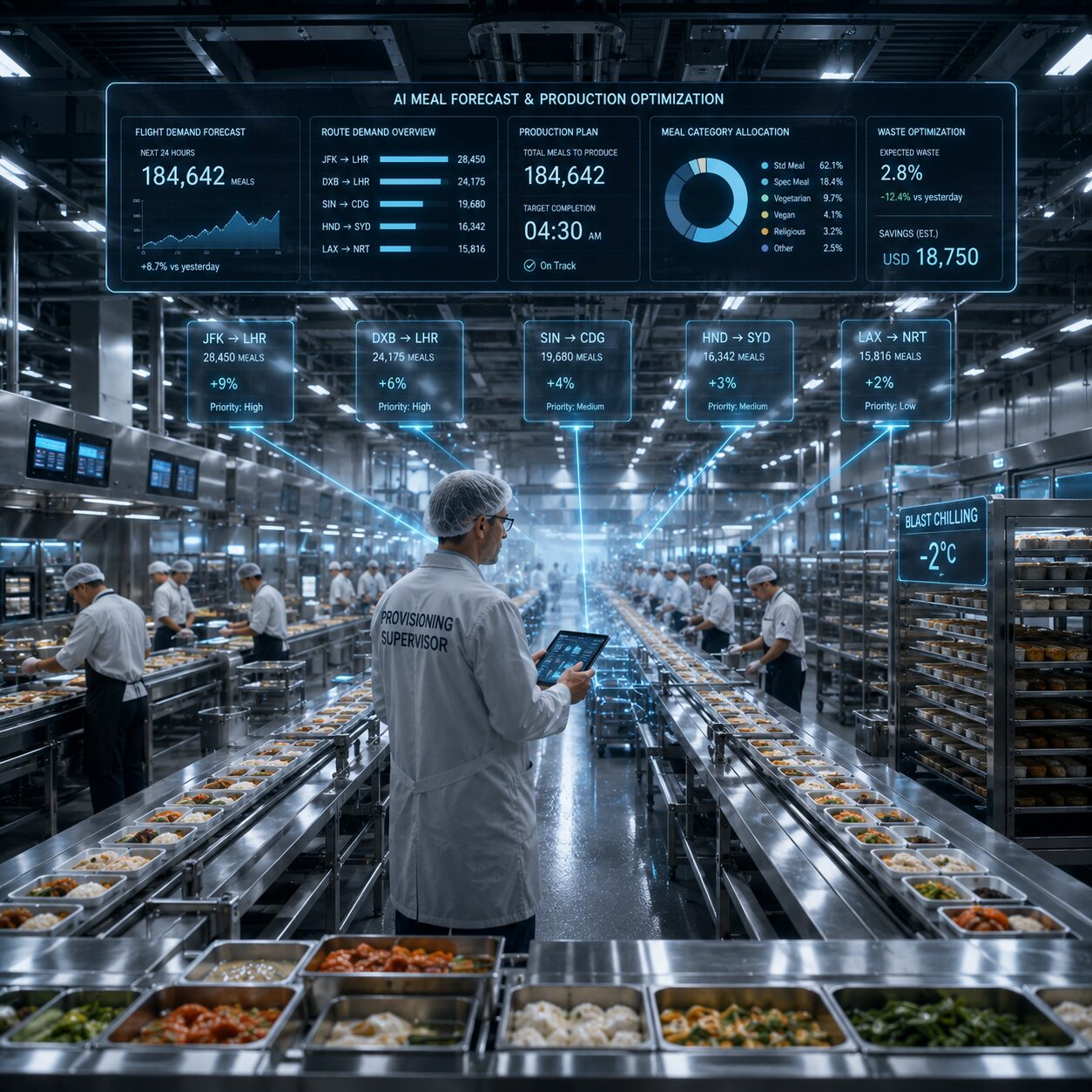 AI meal forecast and production optimization dashboard above a provisioning conveyor with route-by-route demand and waste savings