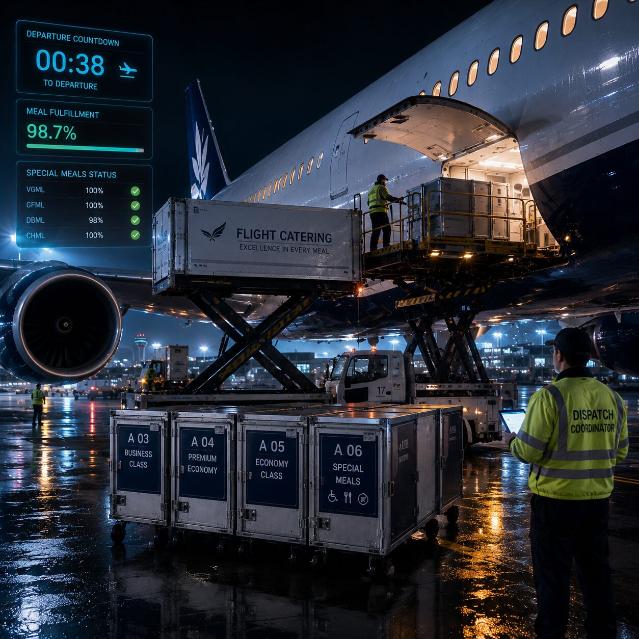 Departure countdown on the night ramp with meal fulfillment 98.7% and special meal class-by-class verification before loading