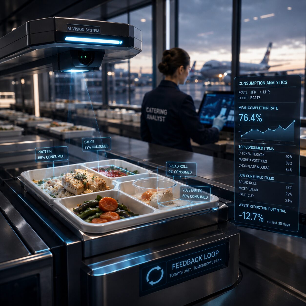 AI vision system tagging a meal tray with protein, sauce, bread, and vegetable consumption rates beside catering analyst dashboard