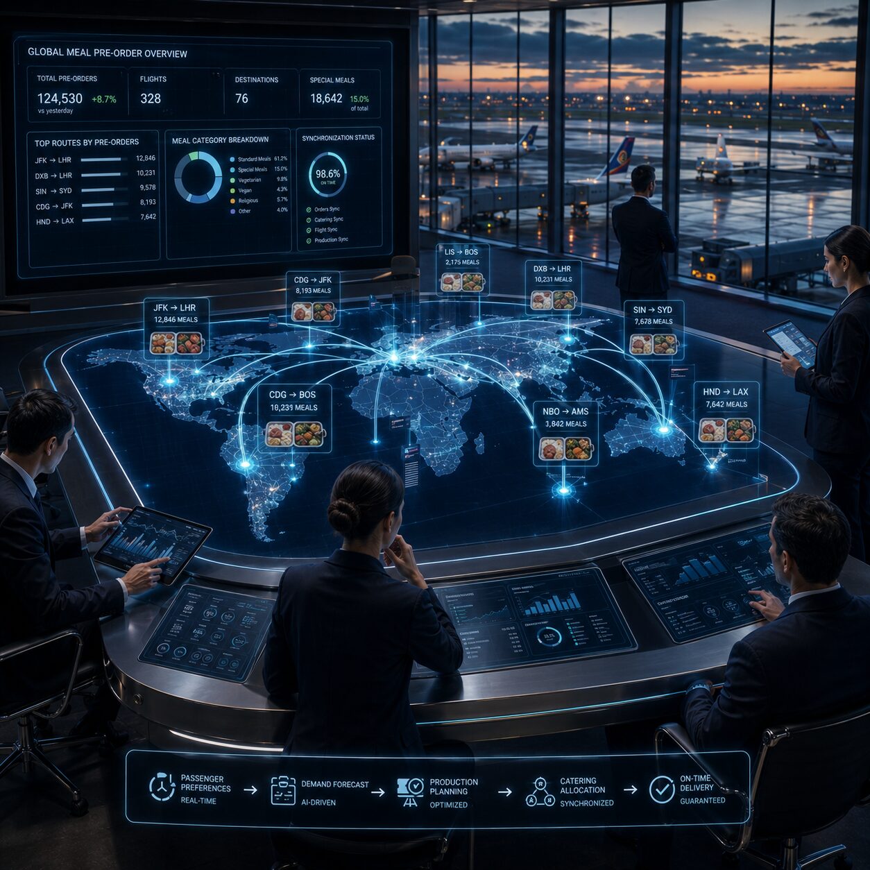 Operations team reviewing global meal pre-order routing on a Galley X command center display