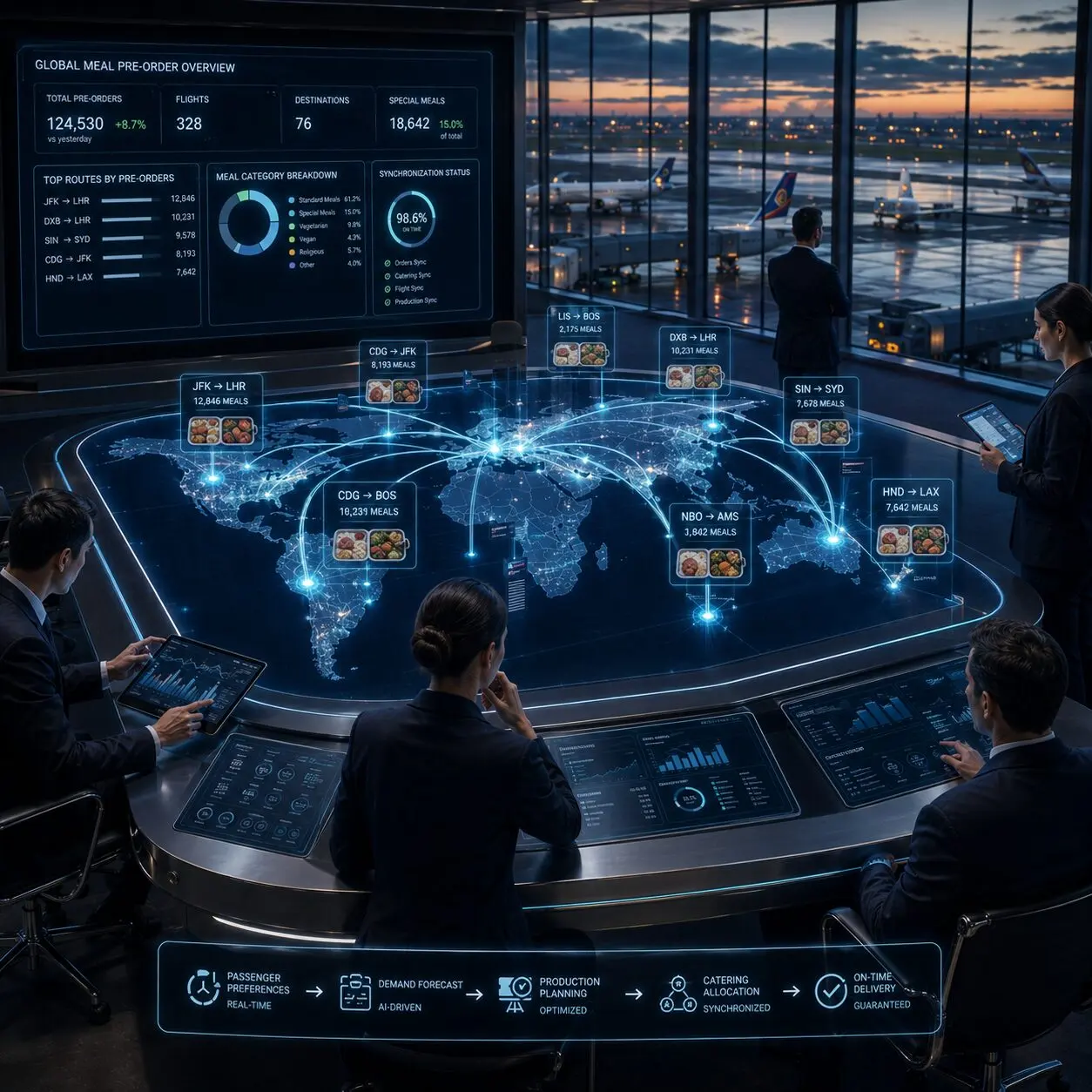 Operations team reviewing global meal pre-order routing on a Galley Xᴬᴵ command center display