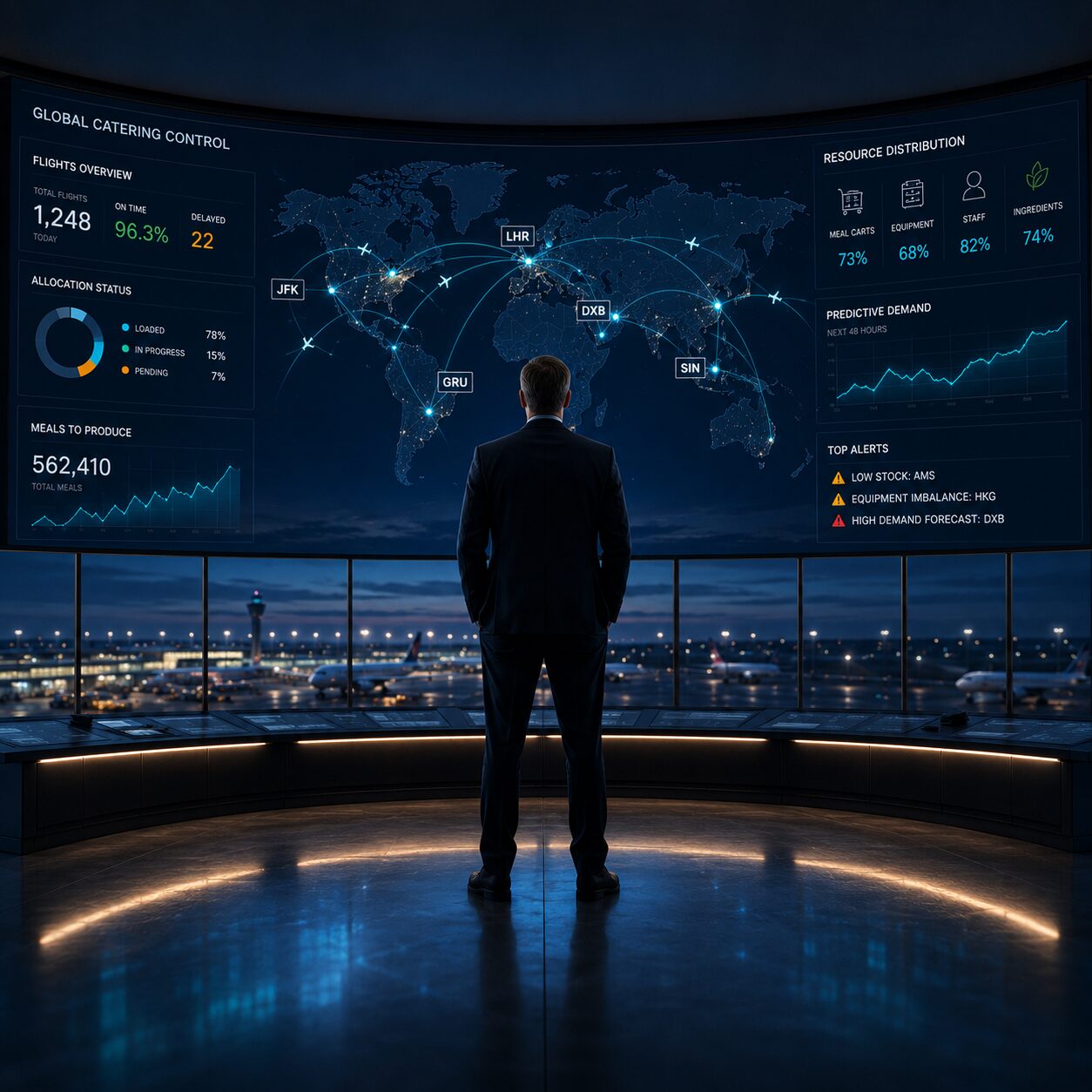 Global catering control room with worldwide flight map, allocation status, predictive demand forecast, and resource distribution by hub