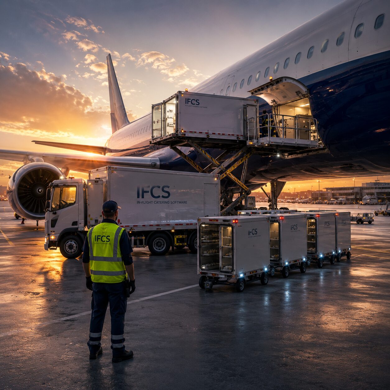 IFCS catering truck and meal carts at aircraft loading bay during sunset ramp operations