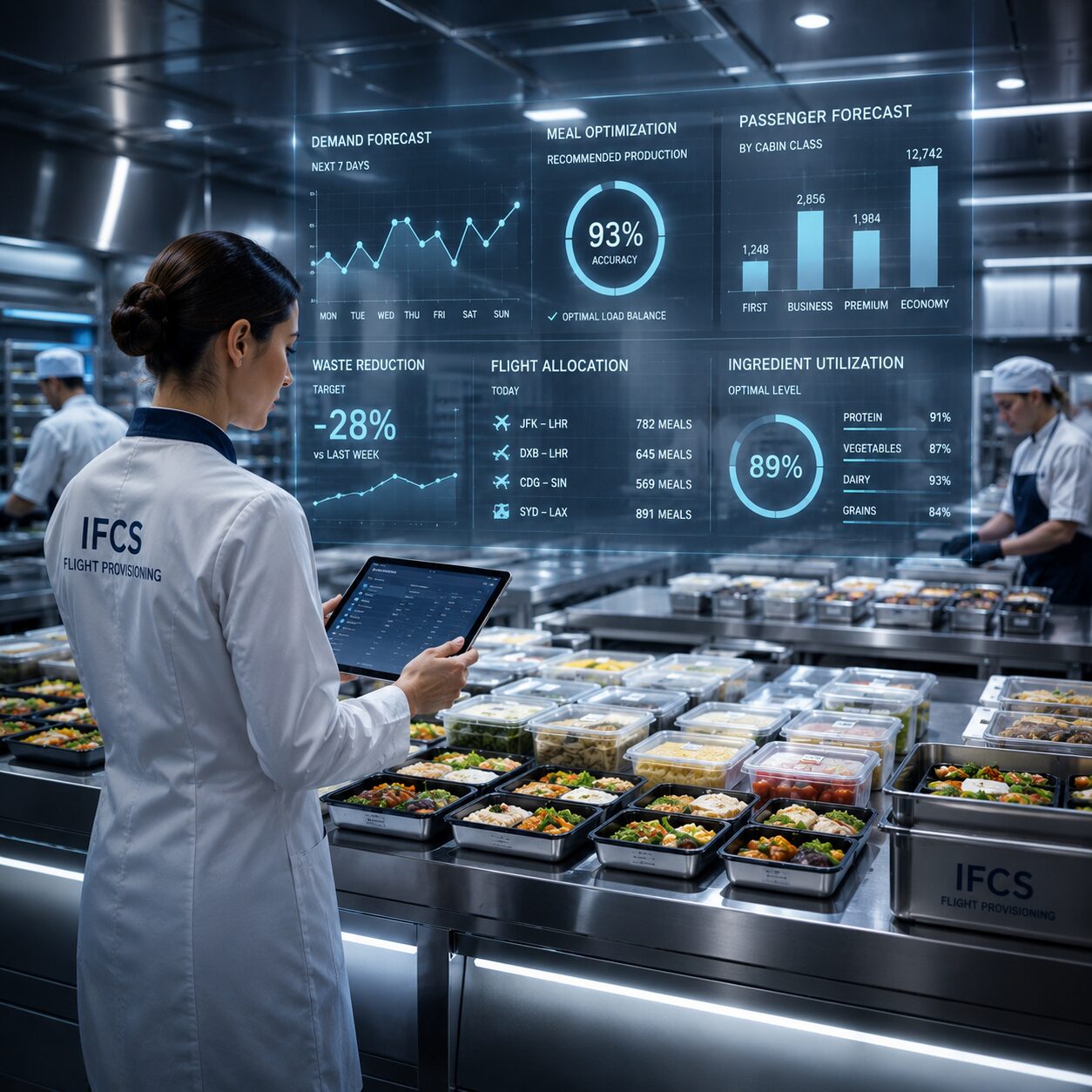 Flight provisioning supervisor reviewing demand forecast, meal optimization, waste reduction, and ingredient utilization