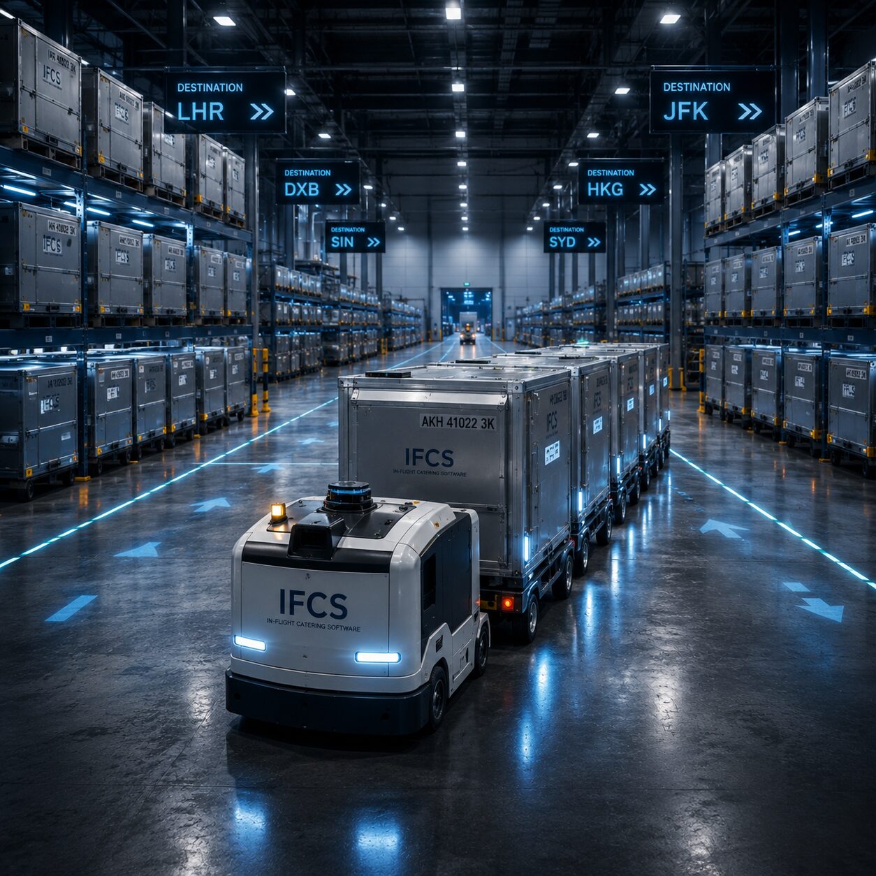 Automated catering warehouse with destination-routed ULD carts moving toward departure hubs