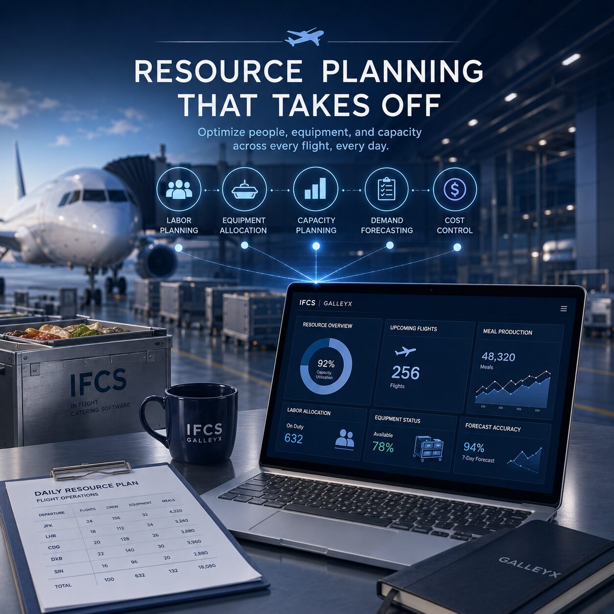Galley X resource planning dashboard with daily flight operations summary on a laptop in front of an aircraft