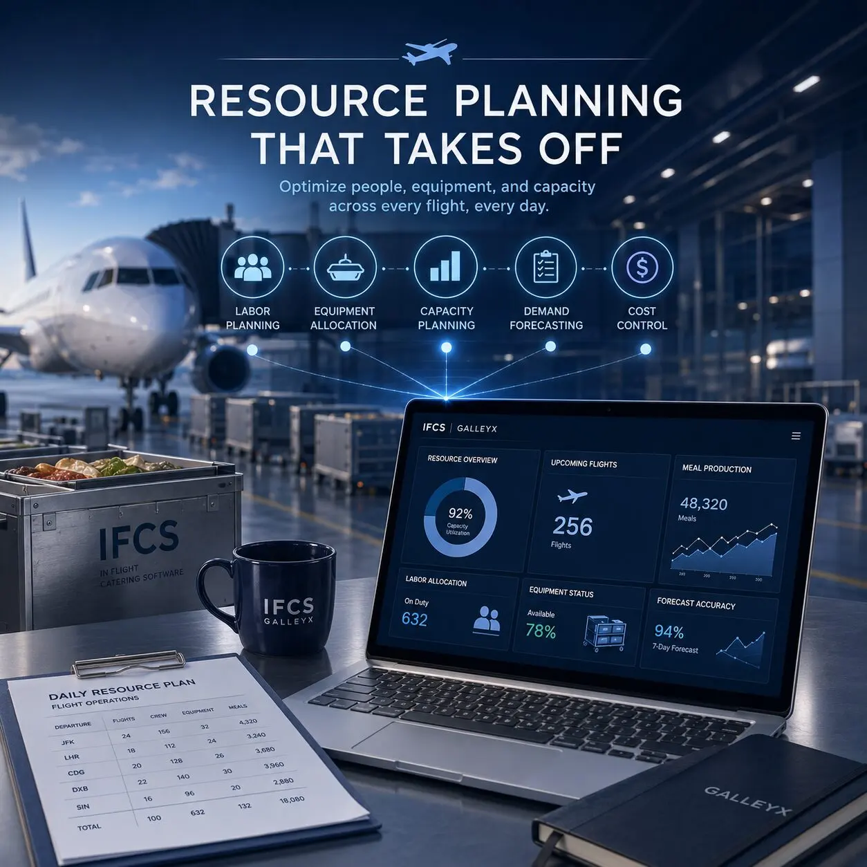 Galley Xᴬᴵ resource planning dashboard with daily flight operations summary on a laptop in front of an aircraft