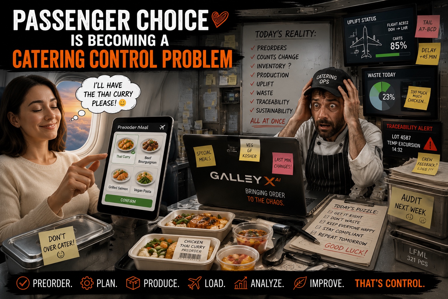 Passenger choosing a preorder meal on a tablet beside a stressed catering operations chef surrounded by Galley X AI dashboards, meal trays, and planning notes