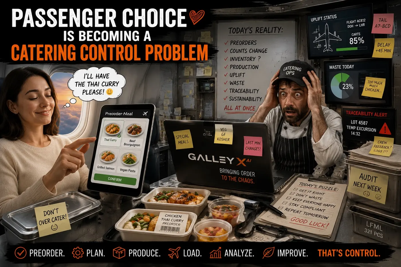 Passenger choosing a preorder meal on a tablet beside a stressed catering operations chef surrounded by Galley X AI dashboards, meal trays, and planning notes