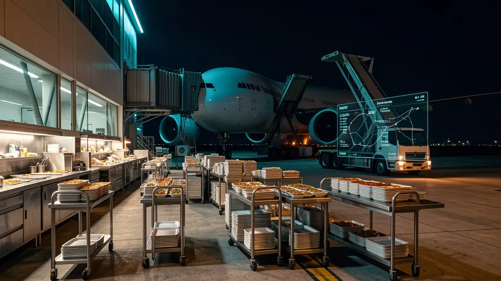 Airline catering high loaders and galley carts beneath a constellation of hub kitchen lights